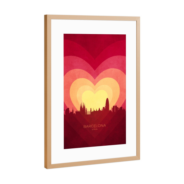 Poster mit Rahmen Kupfer "Barcelona Skyline Herz rot gelb" artboxONE - Städte
