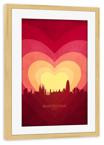 Poster mit Rahmen kiefer "Barcelona Skyline Herz rot gelb" artboxONE - Städte