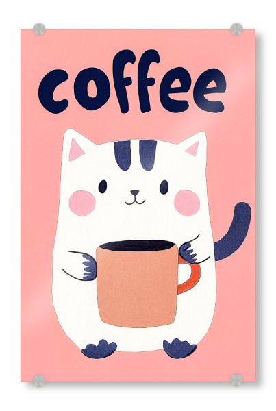 Acrylglasbild "Kaffeepause mit niedlicher Katze" artboxONE - Typografie,Tiere,Essen & Trinken