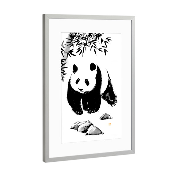 Poster mit Rahmen Silber "Panda im Bambuswald spazieren" artboxONE - Tiere,Schwarzweiß - Bambus,Felsen,Panda,Sumie,Japan,Wald