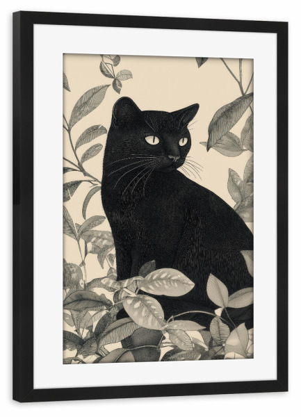 Poster mit Rahmen schwarz "Schwarze Katze im Holz" artboxONE - Natur,Floral,Tiere