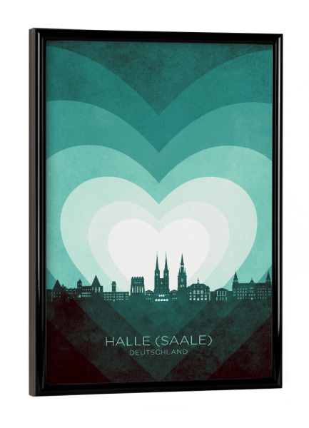 Poster mit schwarzem Rahmen "Halle (Saale) Skyline Heart Teal" artboxONE - Städte
