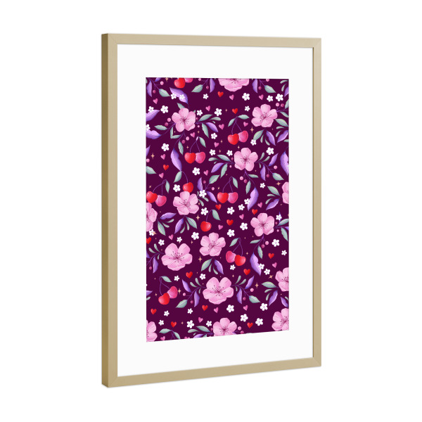 Poster mit Rahmen Gold "Kirschblüten, Herzen und Kirschen" artboxONE - Natur,Floral