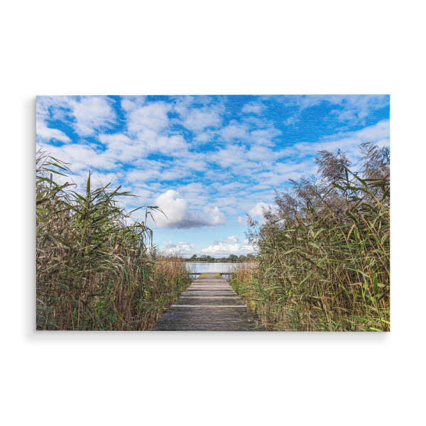 Holzbild "Krakower See mit Schilf und Steg" artboxONE - Natur,Reise