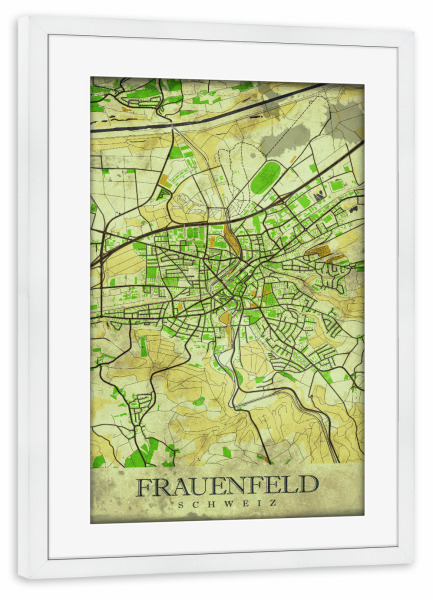 Poster mit Rahmen weiß "Frauenfeld Vintage City Map" artboxONE - Städte / Weitere,Kartografie