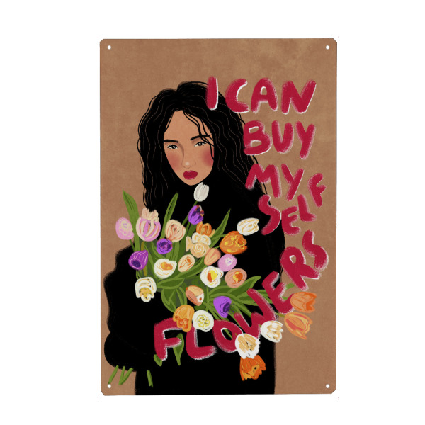 Holzbild "I can buy myself flowers" artboxONE - Typografie,Floral,Menschen - Illustration,Blumen,Frau,Selbstliebe,Strauß tulpen,Spruch,Schön