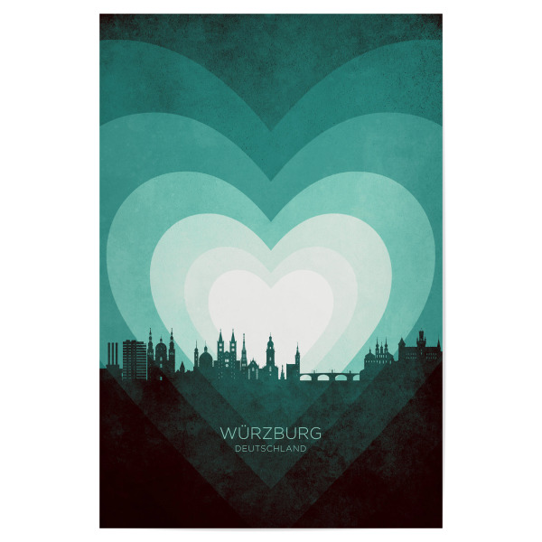 Poster "Würzburg Skyline Herz blaugrün" artboxONE - Städte - Würzburg,Deutschland,Herz,Liebe,Romantisch,Valentinstag,Skyline,Stadtbild,Stadtbild