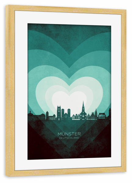 Poster mit Rahmen kiefer "Münster Skyline Heart Teal" artboxONE - Städte