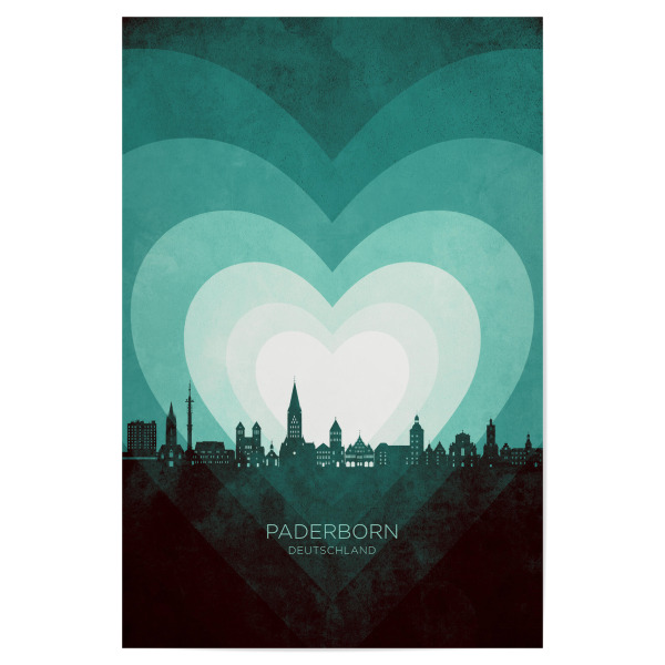 Poster "Paderborn Skyline Heart Teal" artboxONE - Städte - Paderborn,Deutschland,Herz,Liebe,Romantiker,Valentinstag,Skyline,Stadtbild,Stattbild