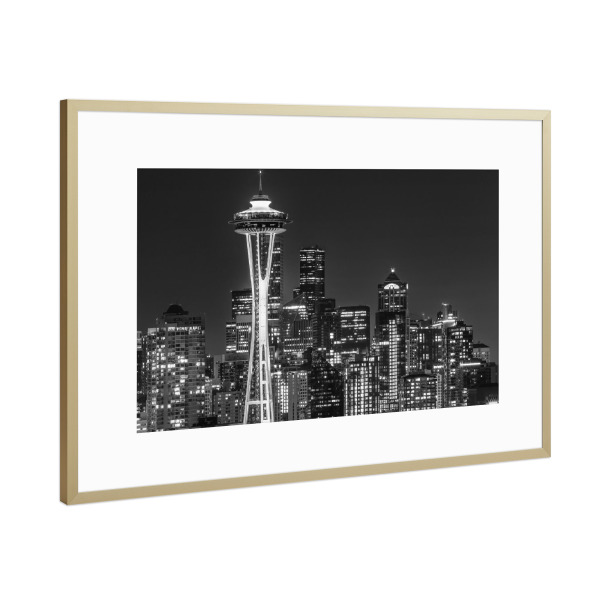 Poster mit Rahmen Gold "Seattle bei Nacht | Monochrom" artboxONE - Reise,Schwarzweiß,Architektur,Städte / Weitere