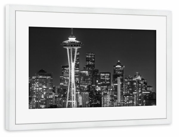 Poster mit Rahmen weiß "Seattle bei Nacht | Monochrom" artboxONE - Reise,Schwarzweiß,Architektur,Städte / Weitere