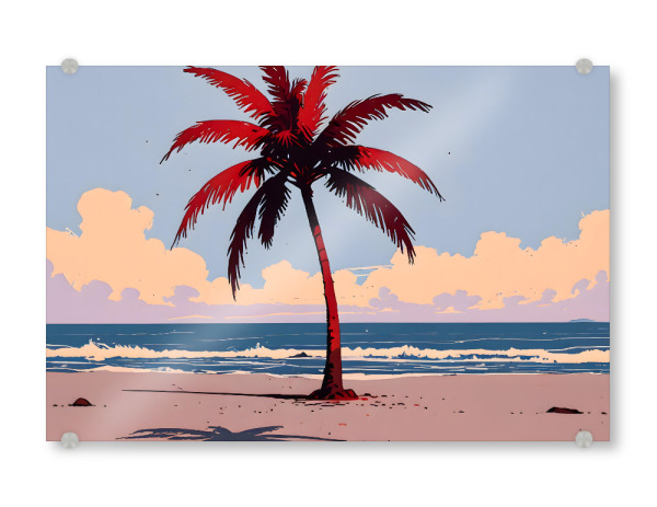 Acrylglasbild "Crimson Coast" artboxONE - Natur - Palme,Strand,Ozean,Tropen,Sommer,Natur,Landschaft,Sonnenuntergang,Zusammenfassung,Grafik,Küste