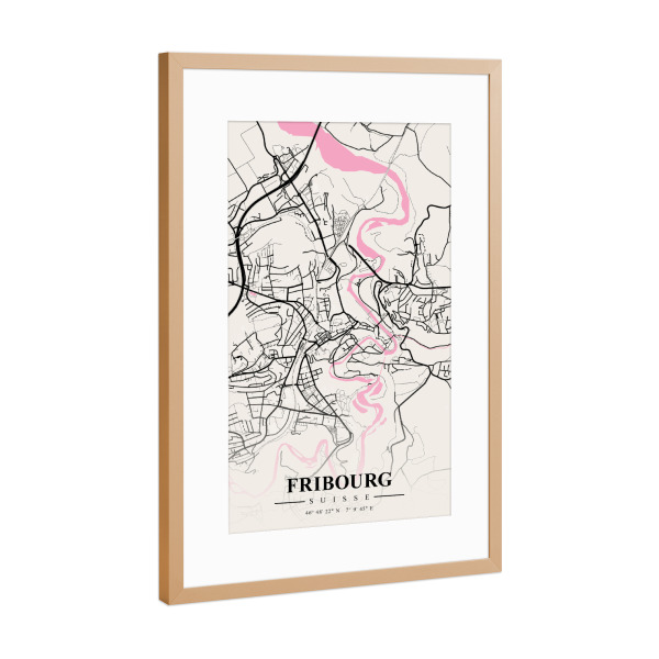 Poster mit Rahmen Kupfer "Map Fribourg" artboxONE - Städte / Weitere,Kartografie