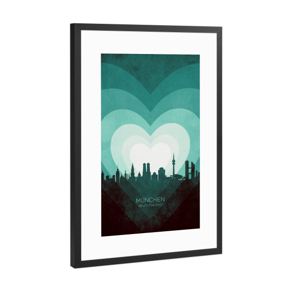 Poster mit Rahmen Schwarz (Metallic) "München Skyline Herz blaugrün" artboxONE - Städte