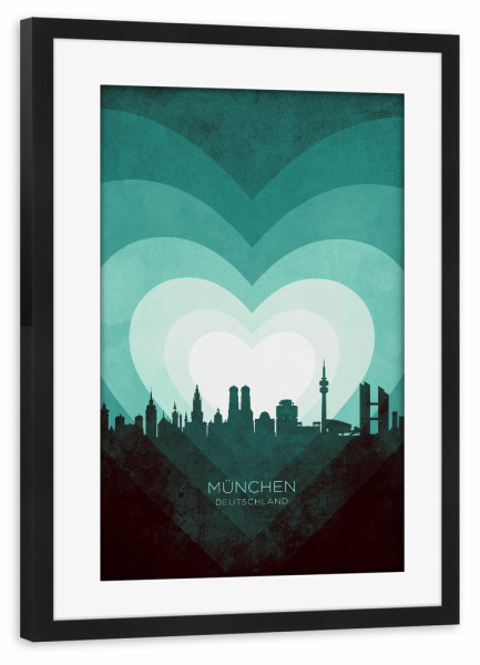Poster mit Rahmen schwarz "München Skyline Herz blaugrün" artboxONE - Städte