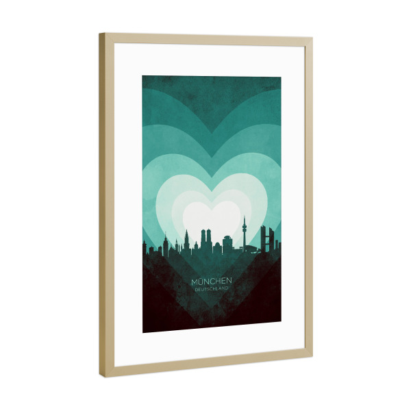 Poster mit Rahmen Gold "München Skyline Herz blaugrün" artboxONE - Städte