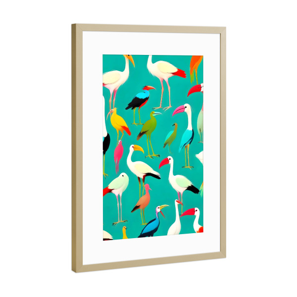 Poster mit Rahmen Gold "Der Tanz der Vogelfarben" artboxONE - Natur,Tiere