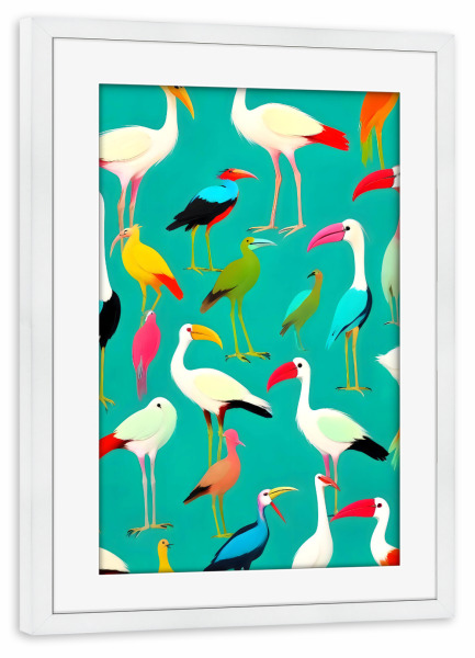 Poster mit Rahmen weiß "Der Tanz der Vogelfarben" artboxONE - Natur,Tiere