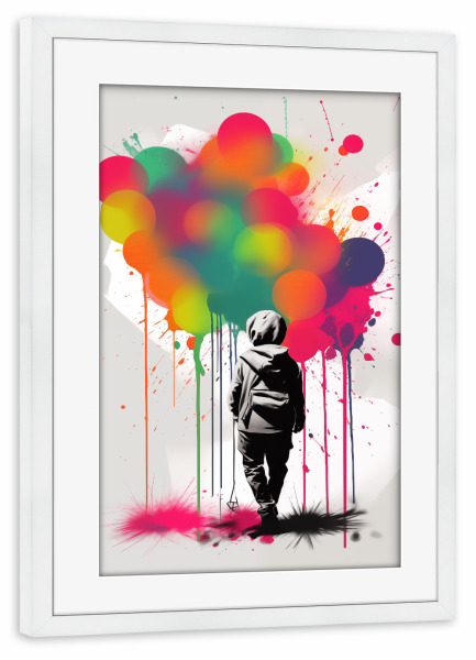 Poster mit Rahmen weiß "Graffiti -Junge" artboxONE - Streetart - Graffiti,Straßenkunst,Farbenfroh,Spritzer,Junge,Hoodie