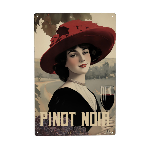 Metall Poster "Pinot Noir" artboxONE - Essen & Trinken / Alkohol - Wein,Weinglas,Rotwein,Pinot noir,Vintage -poster,Retro -poster,Vintage,Retro,Frau