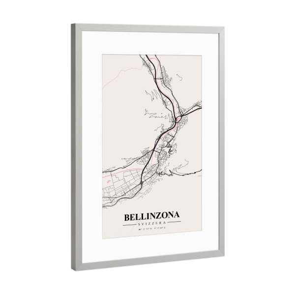 Poster mit Rahmen Silber "City Plan Bellinzona" artboxONE - Städte / Weitere,Kartografie
