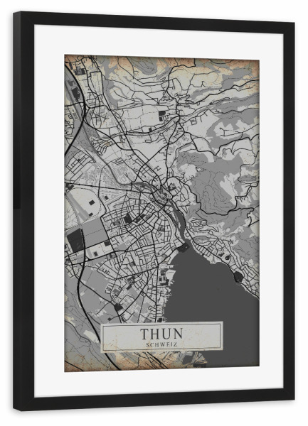 Poster mit Rahmen schwarz "Retro City Thun" artboxONE - Städte / Weitere,Kartografie
