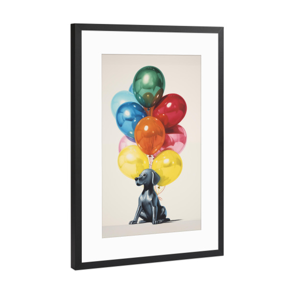 Poster mit Rahmen Schwarz (Metallic) "Hund mit Luftballons" artboxONE - Tiere