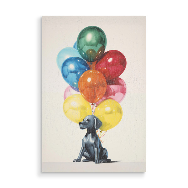 Holzbild "Hund mit Luftballons" artboxONE - Tiere - Hund,Ballon,Luftballons,Verschiedene farbige luftballons,Tiere mit luftballons,Farbenfroh,Surreal