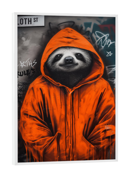 Poster mit weißem Rahmen "Straßenschweiß" artboxONE - Tiere,Streetart - Faultier,Süßes faultier,Hoodie,Graffiti,Straße,Straßenkunst