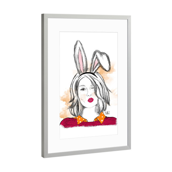 Poster mit Rahmen Silber "Happy easter bunny" artboxONE - Fashion - Easterbunny,Womanbunny,Bunny,Eastern