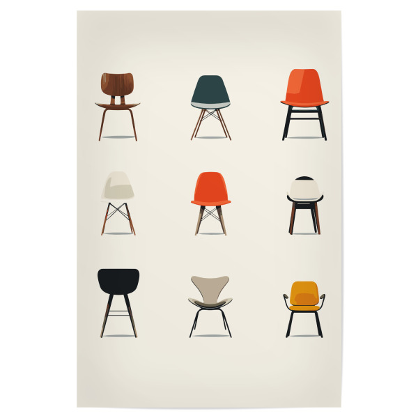 Poster "Nine mid-century modern chairs" artboxONE - Abstrakt - Chairs,Mid-century,Modern,Design,Colorful,Furniture,Grid,Interior,Seating,Arrangement
