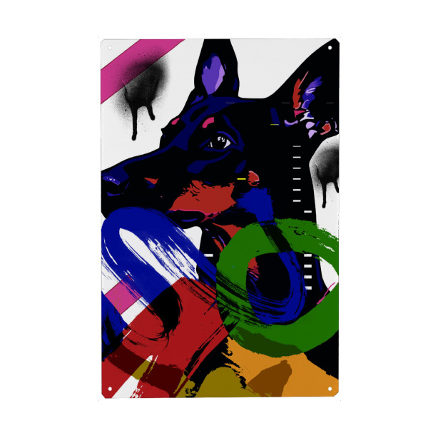 Holzbild "Doberman style" artboxONE - Abstrakt - Doberman,Colorful,Abstract,Modern,Vibrant,Geometric,Dripping paint,Bold,Dynamic,Contemporary.