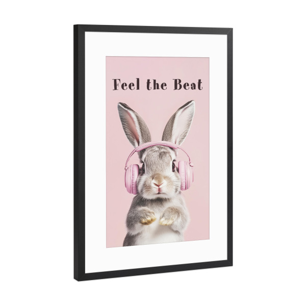 Poster mit Rahmen Schwarz (Metallic) "Hase, Feel the Beat" artboxONE - Typografie,Tiere,Musik