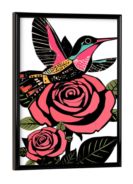Poster mit schwarzem Rahmen "Hummingbird hovers" artboxONE - Natur - Hummingbird,Roses,Flowers,Nature,Colorful,Vibrant,Wildlife,Abstract,Bold,Leaves