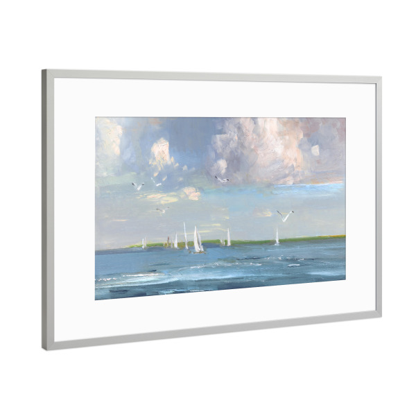 Poster mit Rahmen Silber "Sommerwinde" artboxONE - Natur,Tiere,Reise / Strand und Meer - Segeln,Segelboot,Vögel,Wasser,Küste,Meer