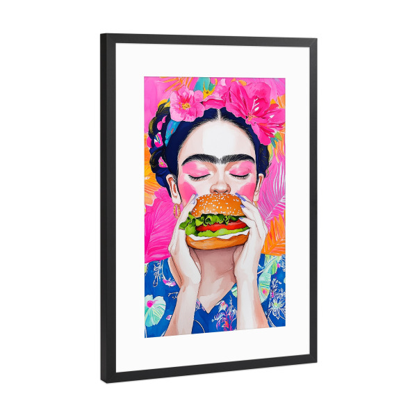 Poster mit Rahmen Schwarz (Metallic) "Frida essen k" artboxONE - Essen & Trinken,Menschen - Frida,Frida kahlo,Porträt,Frau,Mädchen,Hamburger