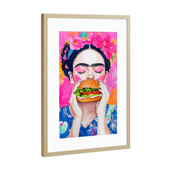 Poster mit Rahmen Gold "Frida essen k" artboxONE - Essen & Trinken,Menschen - Frida,Frida kahlo,Porträt,Frau,Mädchen,Hamburger