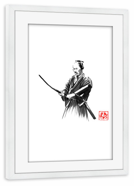Poster mit Rahmen weiß "Samurai im Wald" artboxONE - Menschen,Schwarzweiß - Samurai,Sumie,Japan