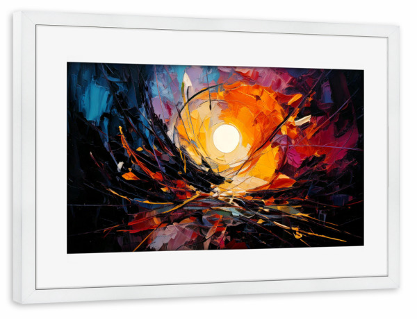 Poster mit Rahmen weiß "Ein Licht in der Dunkelheit" artboxONE - Abstrakt - Abstrakt,Digitales gemälde,Landschaft,Licht,Sonne,Light,Ai,Bunt,Farben