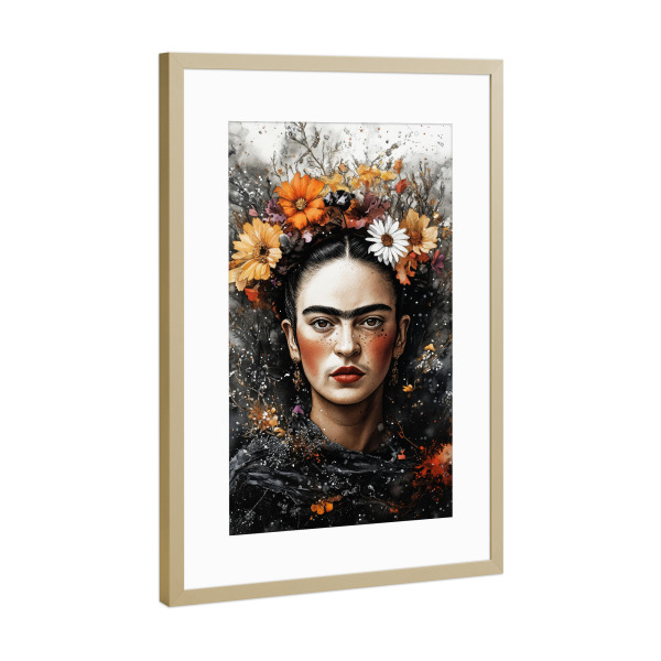 Poster mit Rahmen Gold "Frida Porträt j" artboxONE - Floral,Menschen - Frida,Frida kahlo,Porträt,Frau,Mädchen