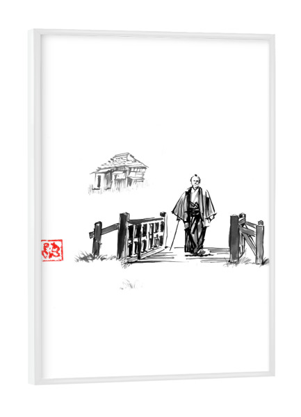 Poster mit weißem Rahmen "Samurai crossing a little bridge" artboxONE - Reise / Asien - Samurai,Kabine,Sumie,Japan,Brücke,Feld