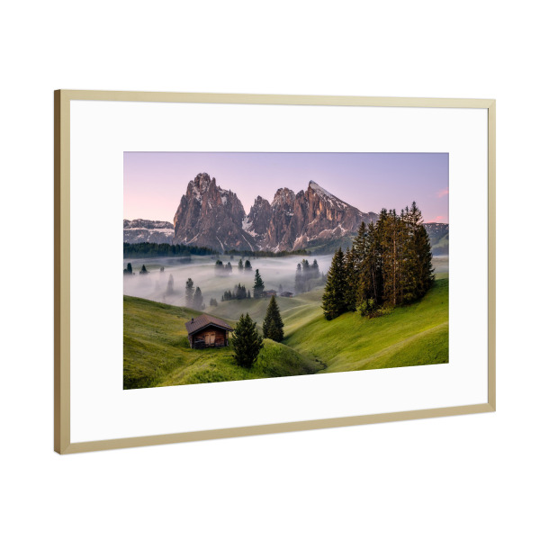 Poster mit Rahmen Gold "Sonnenaufgang auf der Seiser Alm" artboxONE - Natur,Reise,Reise / Länder