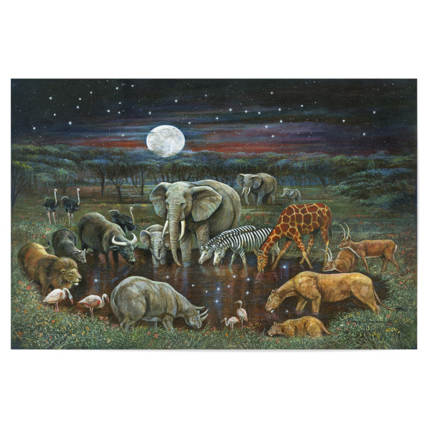 Poster 30x20 cm "Alle Kreaturen" artboxONE - Natur,Tiere,Reise / Afrika - Elefant,Löwe,Giraffe,Nashorn,Afrika,Tiere,Nacht,Mond
