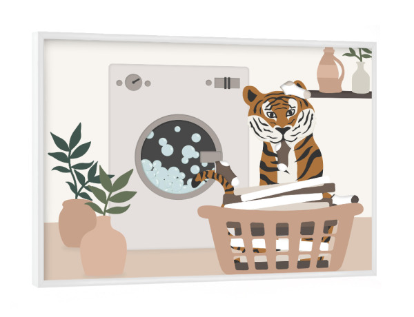 Poster mit weißem Rahmen "Wäscherei Dschungel" artboxONE - Tiere,Menschen - Tiger,Wäsche,Wäschekorb,Kleidung,Kinder,Kinderzimmer