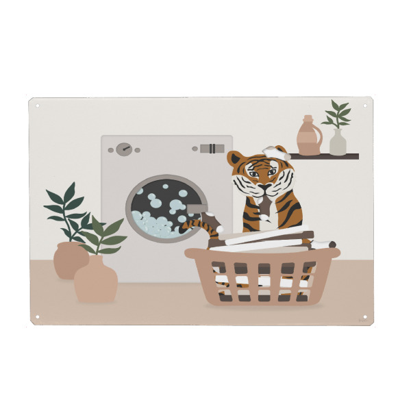 Metall Poster "Wäscherei Dschungel" artboxONE - Tiere,Menschen - Tiger,Wäsche,Wäschekorb,Kleidung,Kinder,Kinderzimmer - Blechschild