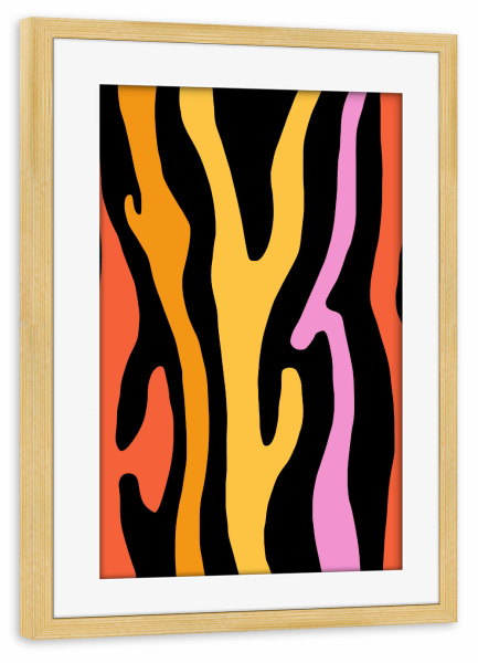 Poster mit Rahmen kiefer "Groovy Zebra" artboxONE - Abstrakt,Geometrie - Retro,Vintage,Groovy,Funky,Zebra,Muster,Pink,Rosa,Gelb,Orange,Punk,Emo