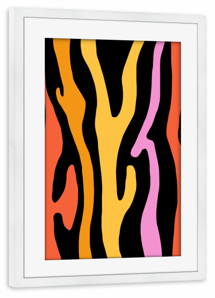 Poster mit Rahmen weiß "Groovy Zebra" artboxONE - Abstrakt,Geometrie - Retro,Vintage,Groovy,Funky,Zebra,Muster,Pink,Rosa,Gelb,Orange,Punk,Emo