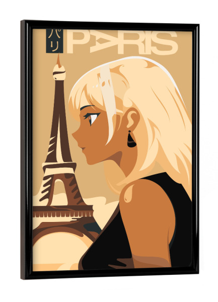 Poster mit schwarzem Rahmen "Reise Paris" artboxONE - Städte,Reise,Städte / Paris - Manga,Reisen,Illustration,Frau,Schönheit,Mädchen,Anime