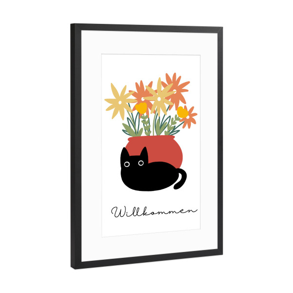 Poster mit Rahmen Schwarz (Metallic) "Katze - Willkommen" artboxONE - Typografie,Floral,Tiere,Lustig