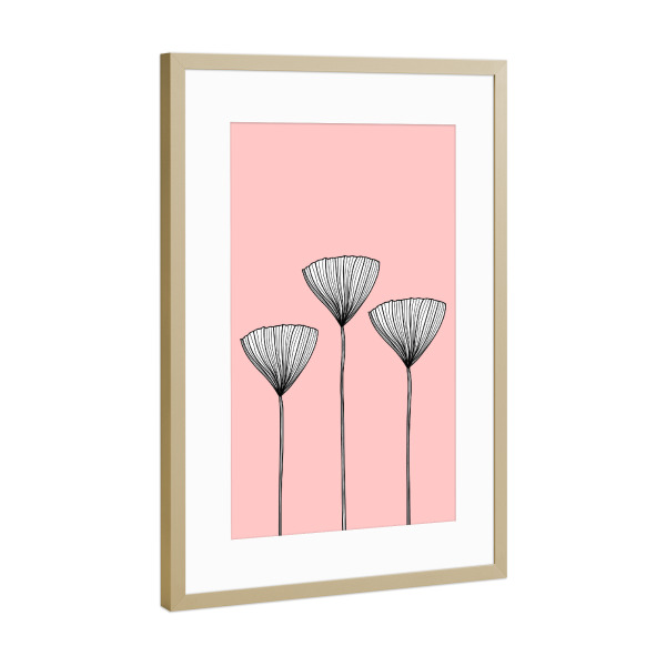 Poster mit Rahmen Gold "Blumen Linienzeichnung auf Rosa" artboxONE - Natur,Floral,Abstrakt,Für Mama